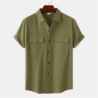 Camisa casual de manga corta de lino y algodón de color liso para hombre