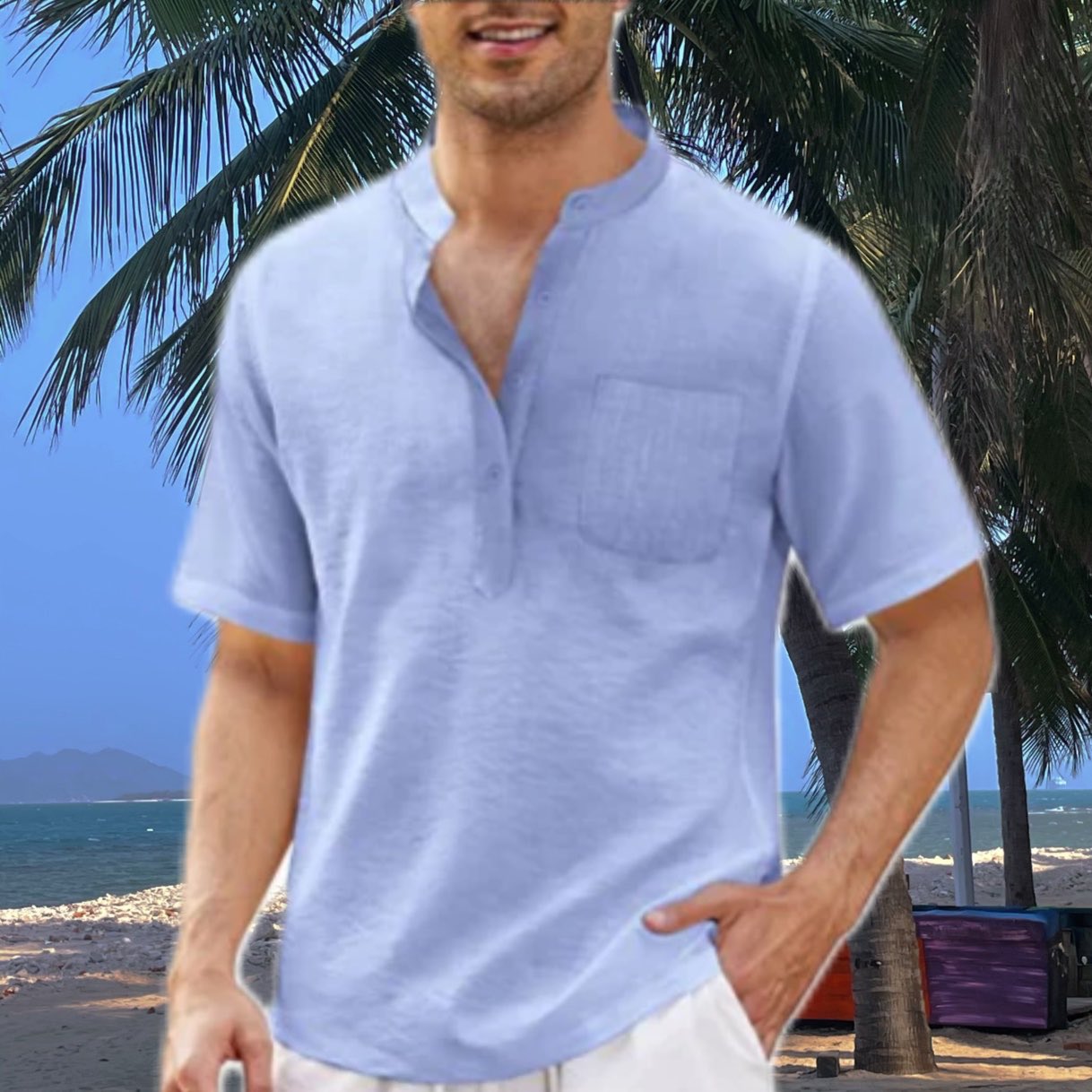 Camisa de playa con bolsillos de algodón para hombre 2023