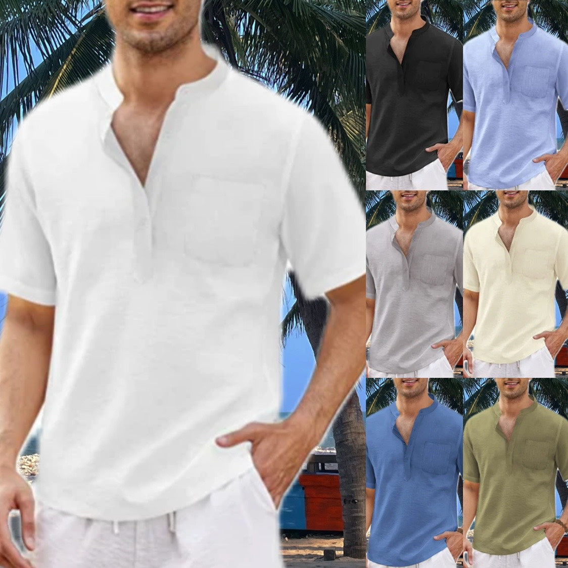 Camisa de playa con bolsillos de algodón para hombre 2023