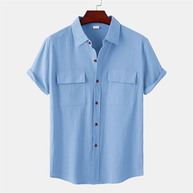 Camisa casual de manga corta de lino y algodón de color liso para hombre