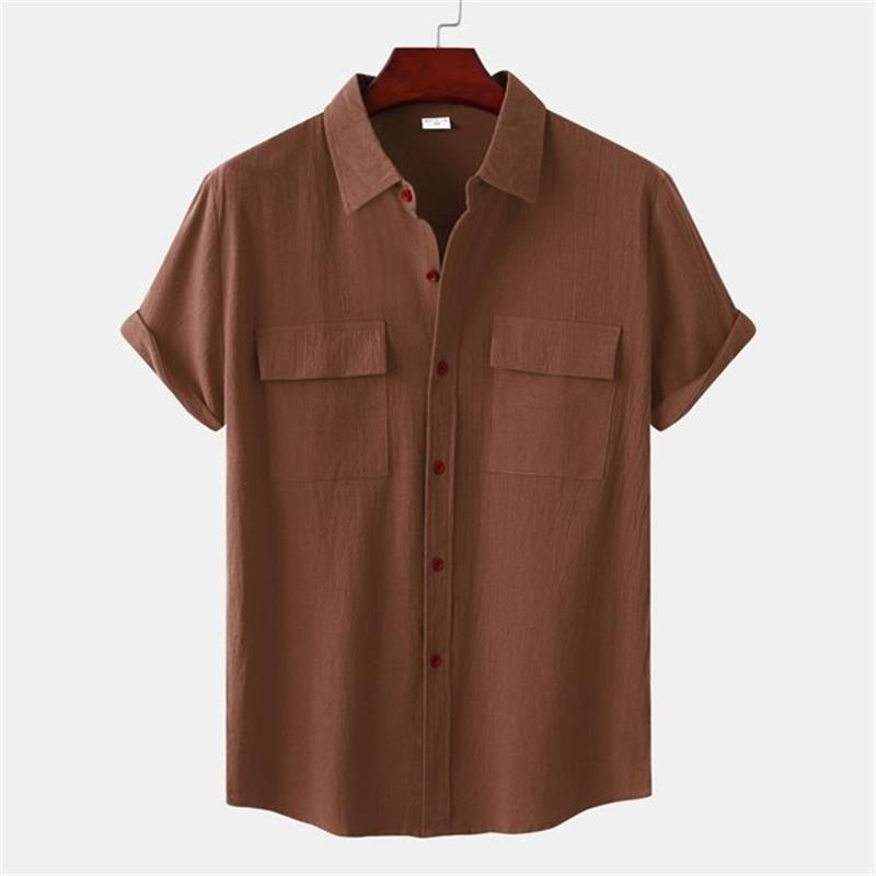 Camisa casual de manga corta de lino y algodón de color liso para hombre