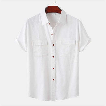 Camisa casual de manga corta de lino y algodón de color liso para hombre