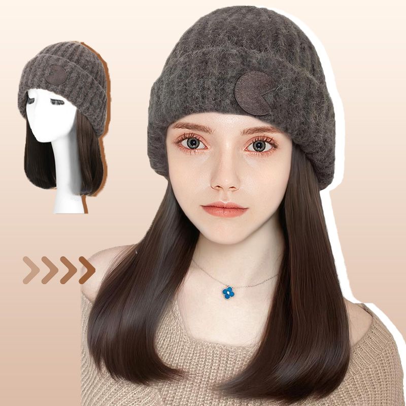 Gorro de punto para mujer con extensión de pelo