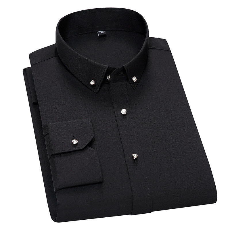 Camisa elástica para hombre resistente a las arrugas con botones de imitación de diamante