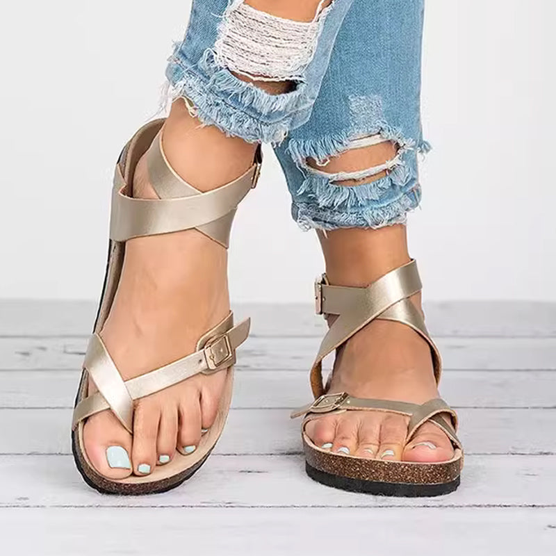 Sandalias planas con tiras de estilo casual para mujer con puntera abierta