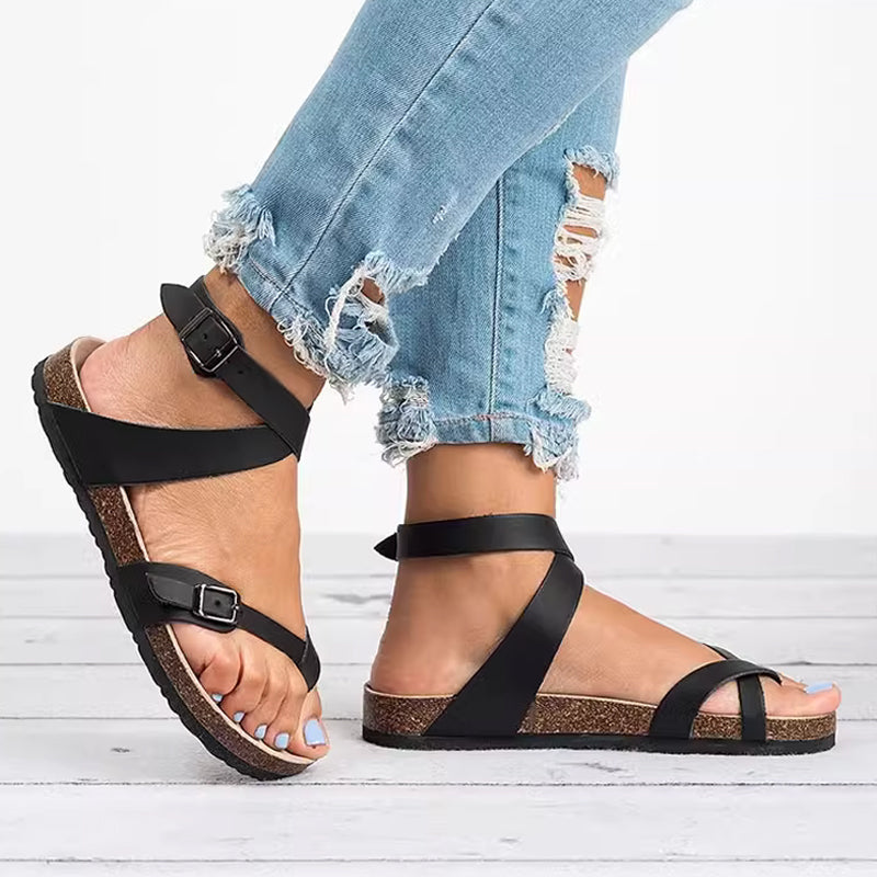 Sandalias planas con tiras de estilo casual para mujer con puntera abierta