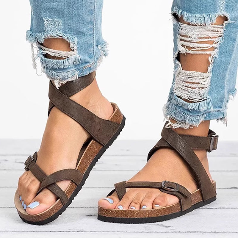 Sandalias planas con tiras de estilo casual para mujer con puntera abierta