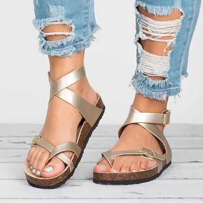 Sandalias planas con tiras de estilo casual para mujer con puntera abierta